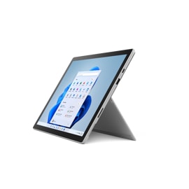 Surface Pro 7+-enhet i platina sett på skrå fra siden
