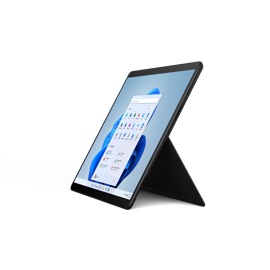 Surface Pro X en negro mate con el soporte desplegado.