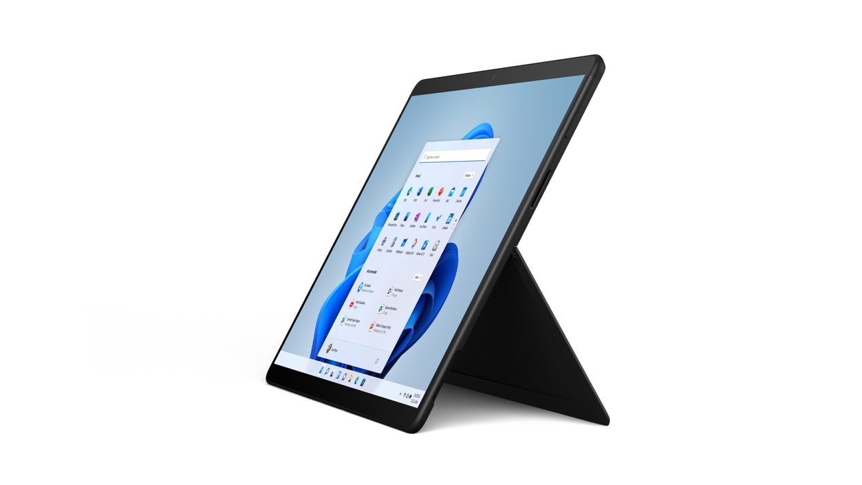 Een Surface Pro X in matzwart met uitgeklapte kickstand.