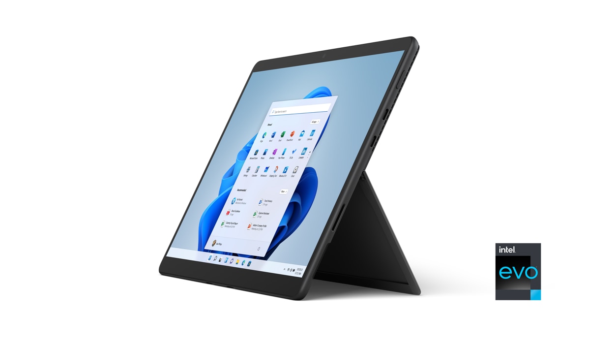 Surface Pro 8 v provedení Graphite v režimu tabletu na stojánku.
