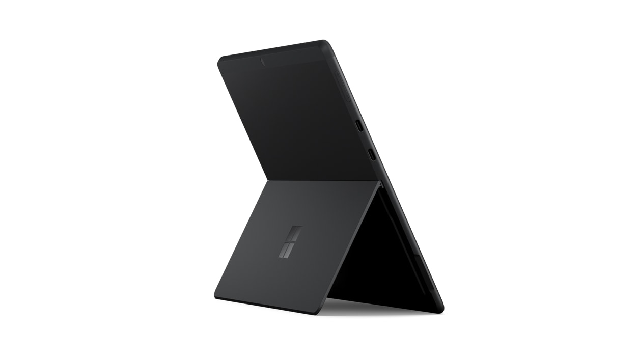 Back angled view of Surface Pro X with kickstand deployed in Matte Black.