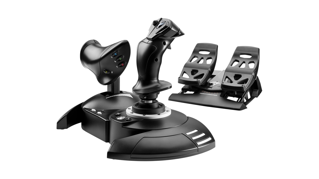 Right angle view of the Thrustmaster Xbox T Flight Full Kit including the joystick and rudder pedals.