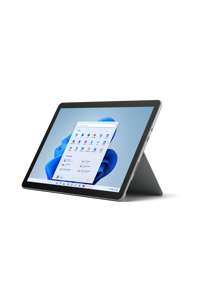 Bovenaanzicht van een bureau met Surface Pro 7+ voor zakelijk gebruik erop.