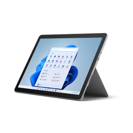 Een schuin aanzicht van Surface Go 3 in de kleur platina.