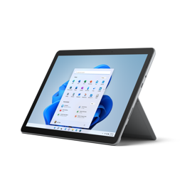 Pohled z úhlu na Surface Go 3 v platinové.