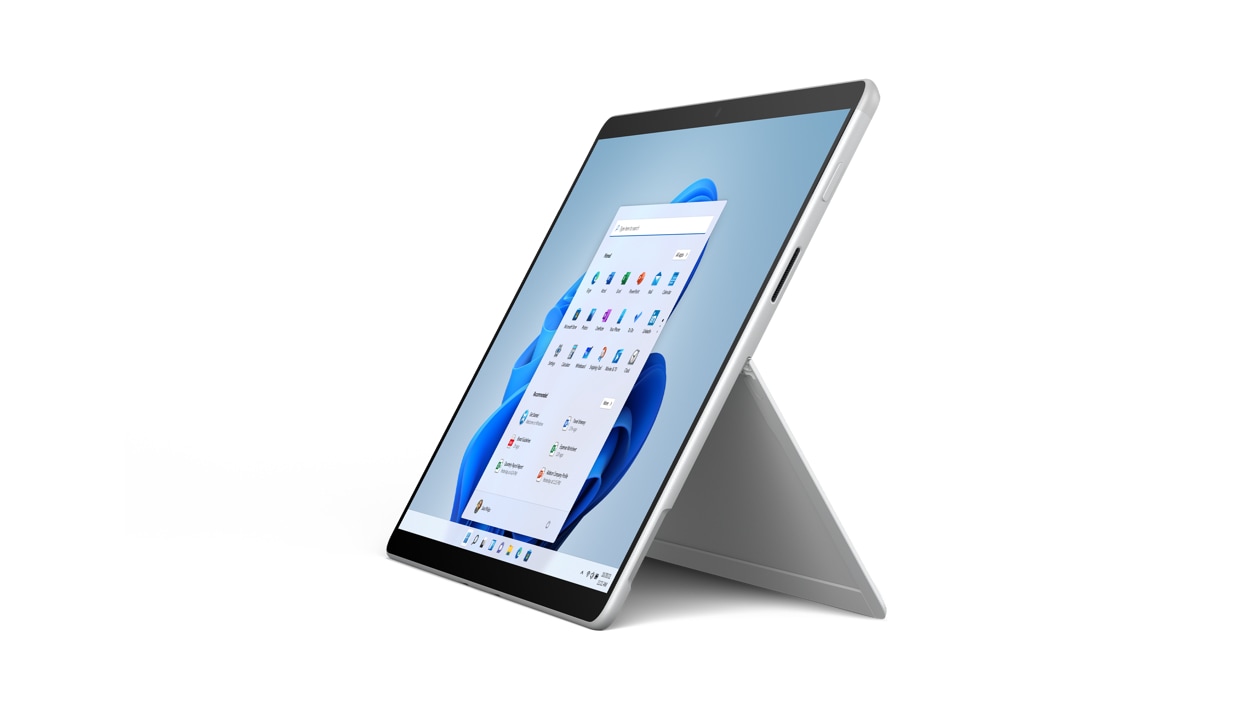  Surface Pro X avec pied intégré ouvert en Platine. 