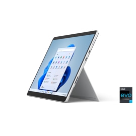 Surface Pro 8 w kolorów platynowym z rozłożoną podpórką.