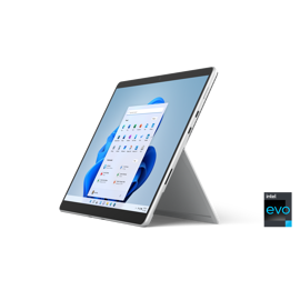 Surface Pro 8 med anvendt støttefod i Platin.