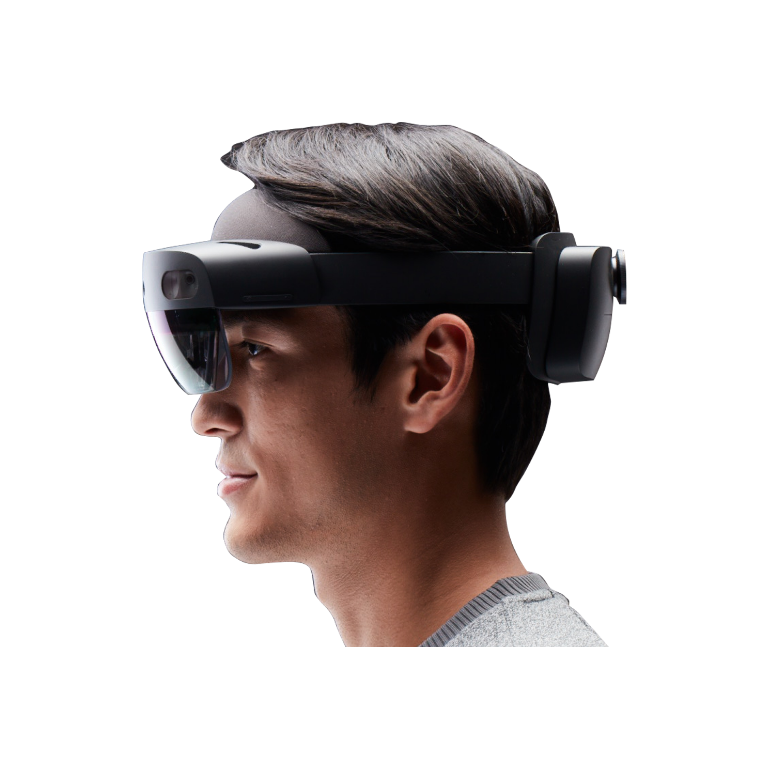 Eine Person, die ein HoloLens 2-Gerät trägt.
