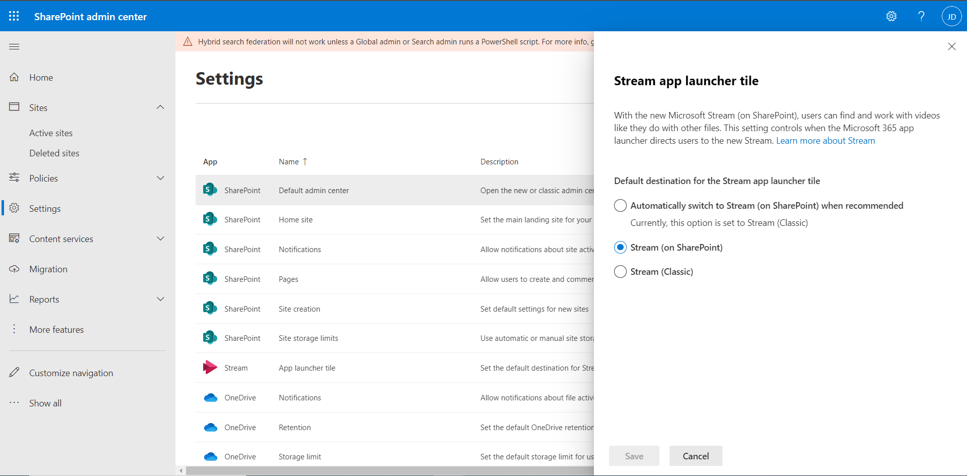 MC381948: Configure the existing Stream tile in Microsoft 365 app launcher to go to the new Stream app on Office.com