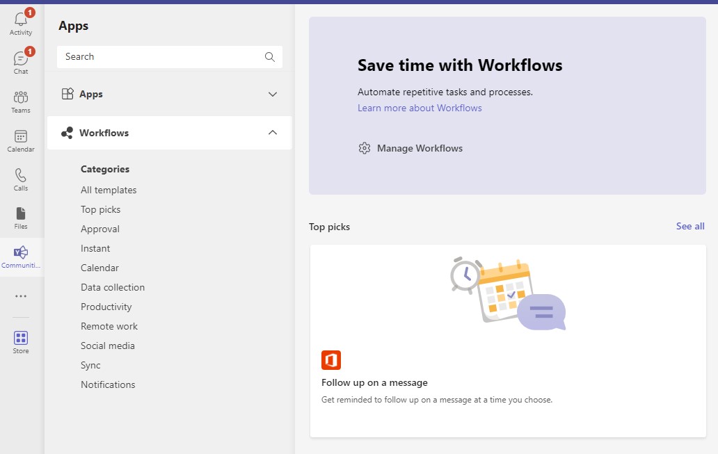 Workflows will be available to users from the Teams Store, and availability is managed through allowed access to Power Automate.