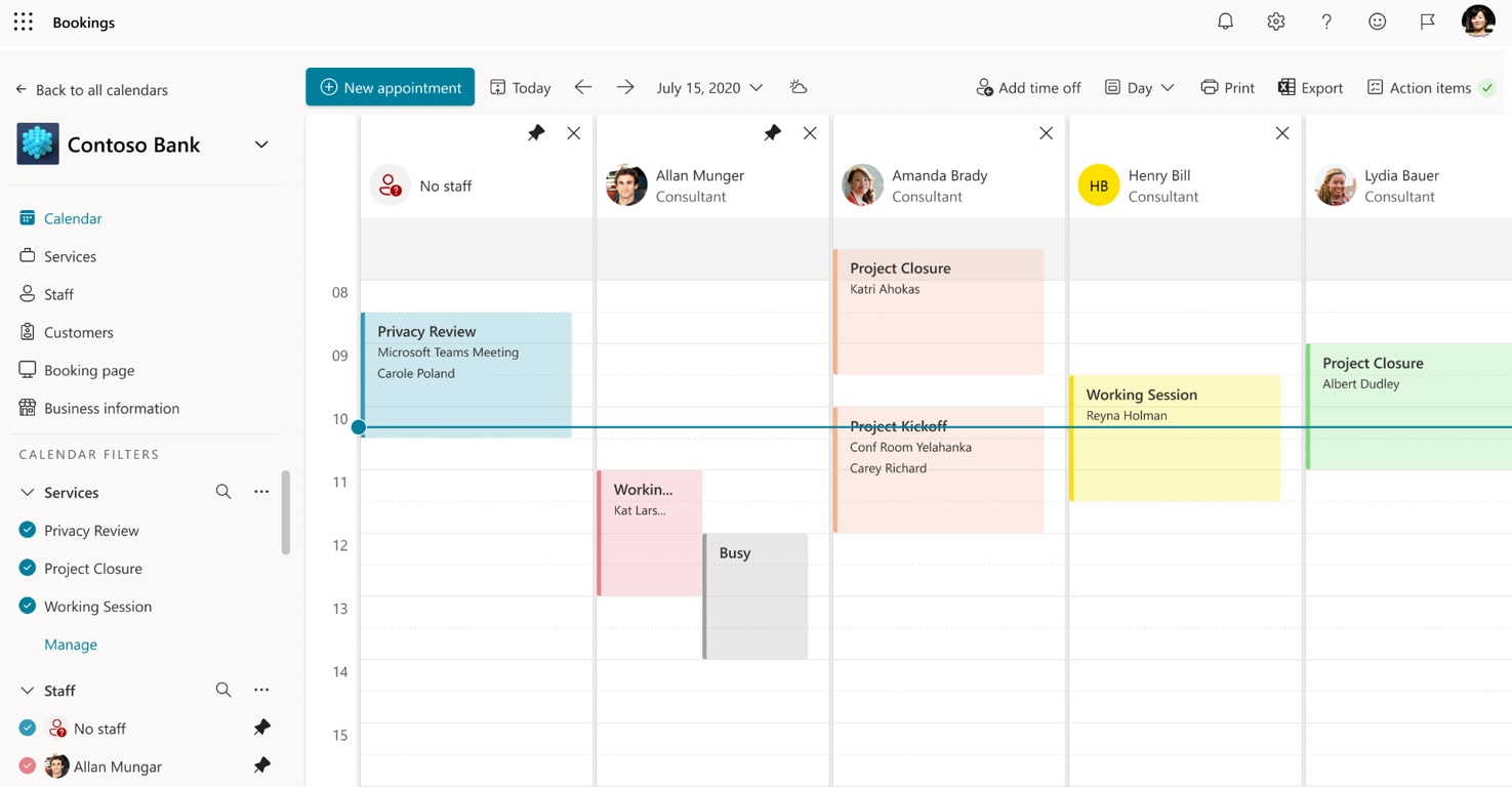 Appointments color coded and listed by employee in Microsoft Bookings.