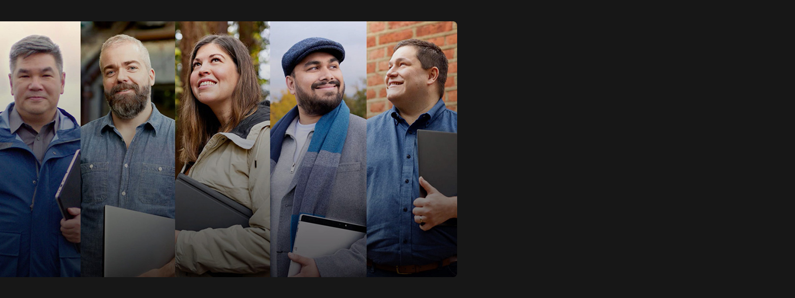 Ein zusammengesetztes Bild von fünf Personen mit Windows 11 Pro-Geräten