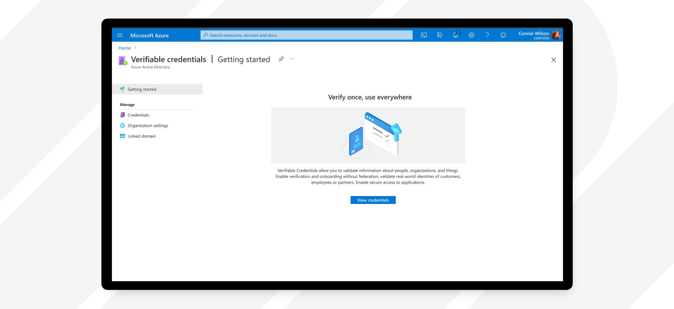 The getting started homepage for verifiable credentials in Azure AD.