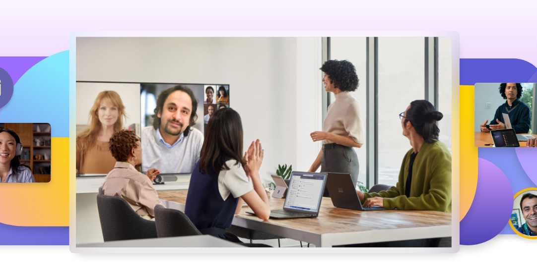 A collage of photos of people participating in Teams meetings at home and in conference rooms.