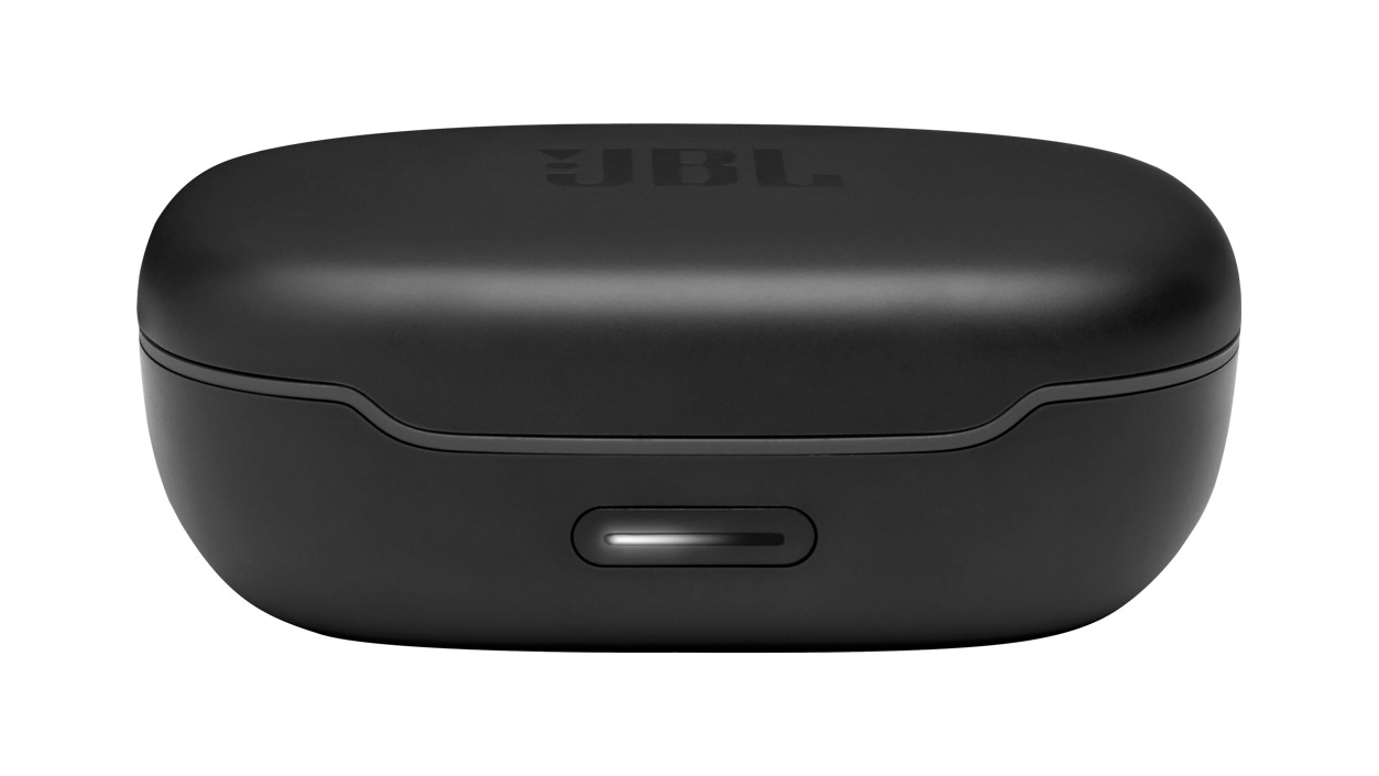 Front view of the case for the J B L Endurance Peak II Wireless Earbuds in Black.