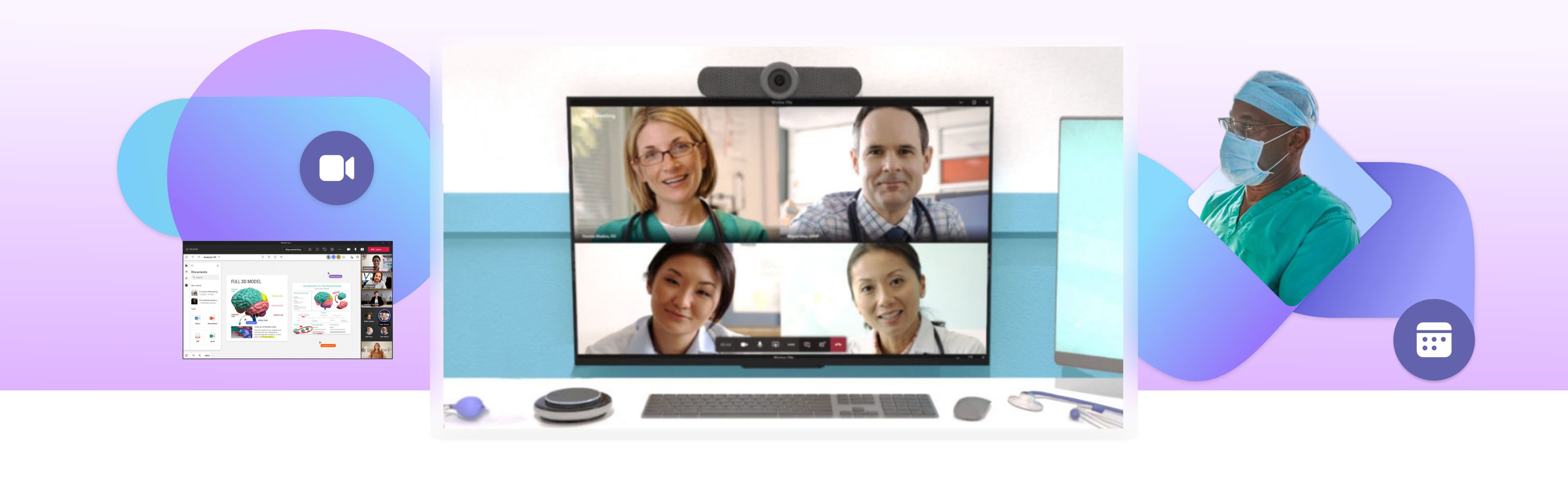 A collage of images showing healthcare workers using Microsoft Teams for video calls and presentations.