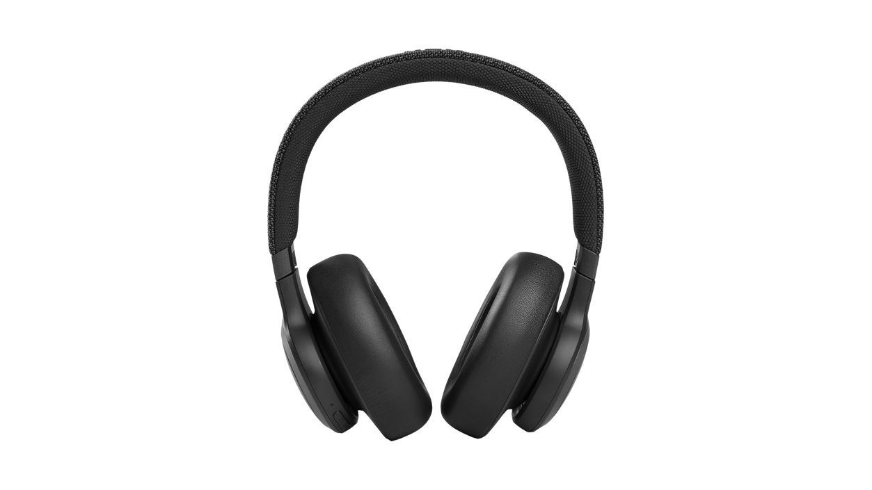 Front view of a J B L Live 600 N C headset in black.