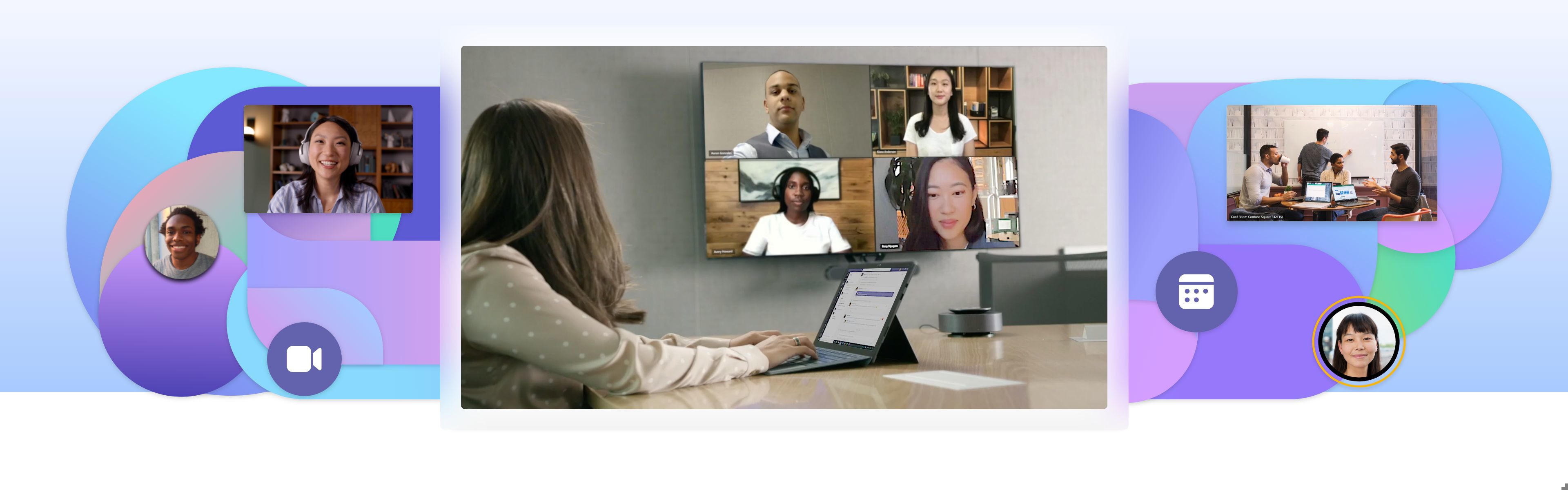 A collage of people participating in Teams video calls in conference rooms and at home.