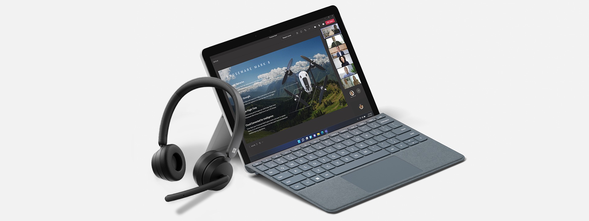 A render of a Microsoft Modern Wireless Headset leaning against a Surface device