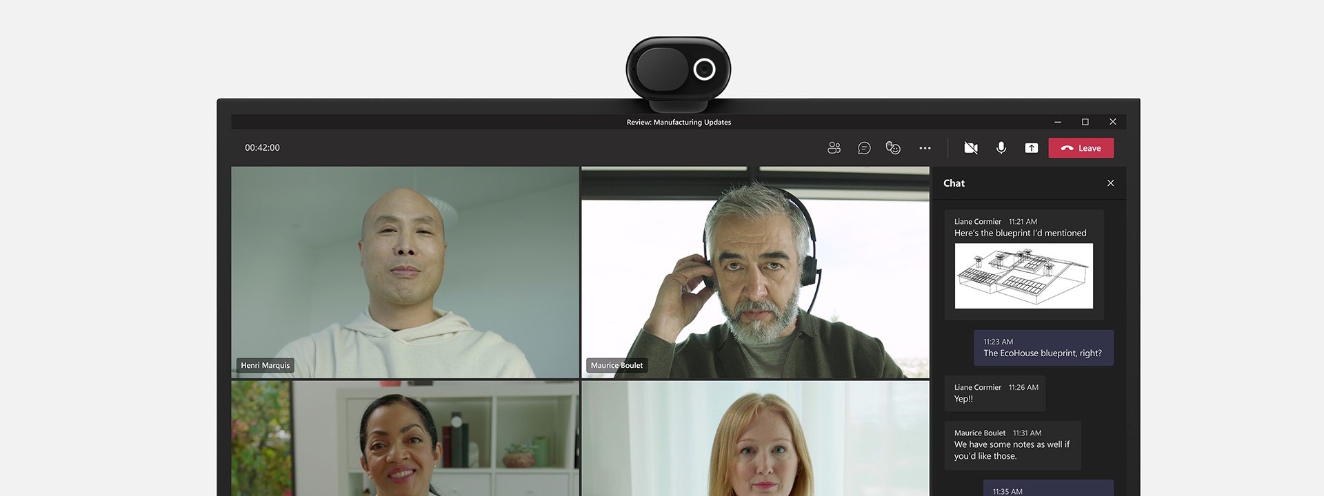 A render of a Microsoft Modern Webcam attached to a Surface device showing a Microsoft Teams meeting