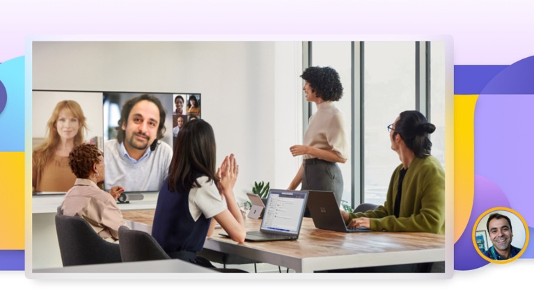 A collage of photos of people participating in Teams meetings at home and in conference rooms.