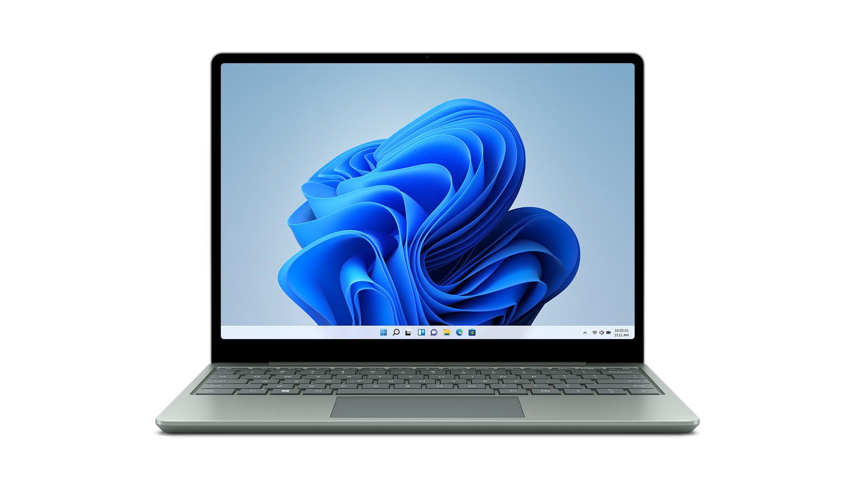 鼠尾草色 Surface Laptop Go 2 與螢幕上的應用程式。
