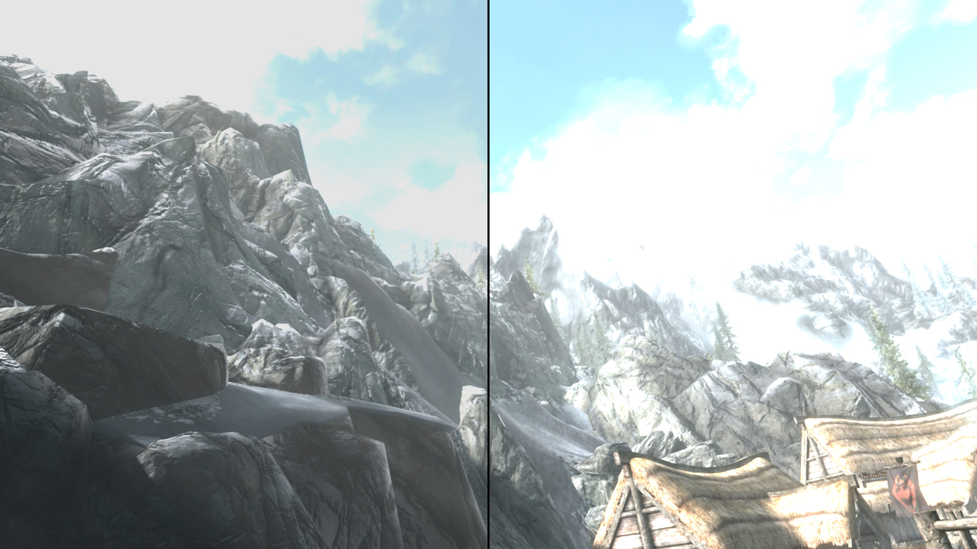 Images contrastées côte à côte représentant une hutte et des arbres, l’une étant plus claire