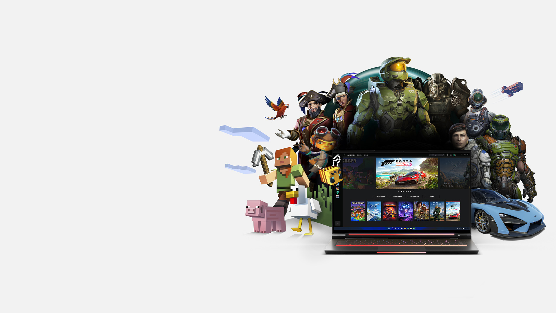 ゲーミング PC を囲むさまざまなビデオ ゲーム キャラクター