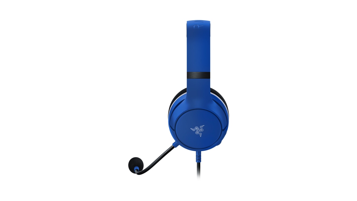Right side view of the Razer Kaira X Headset in Shock Blue.