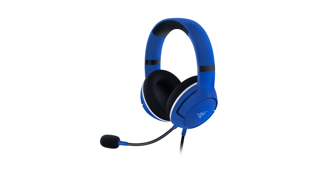 High angle view of the Razer Kaira X Headset in Shock Blue facing left.