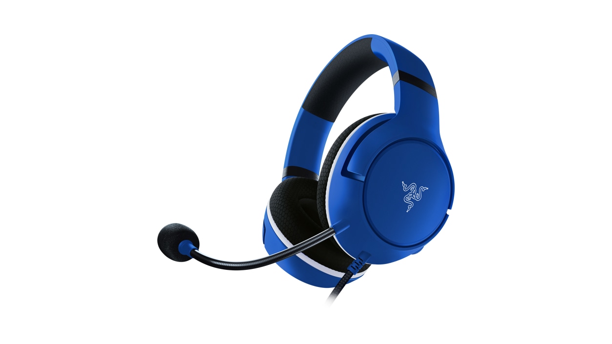 Low angle view of the Razer Kaira X Headset in Shock Blue facing left.