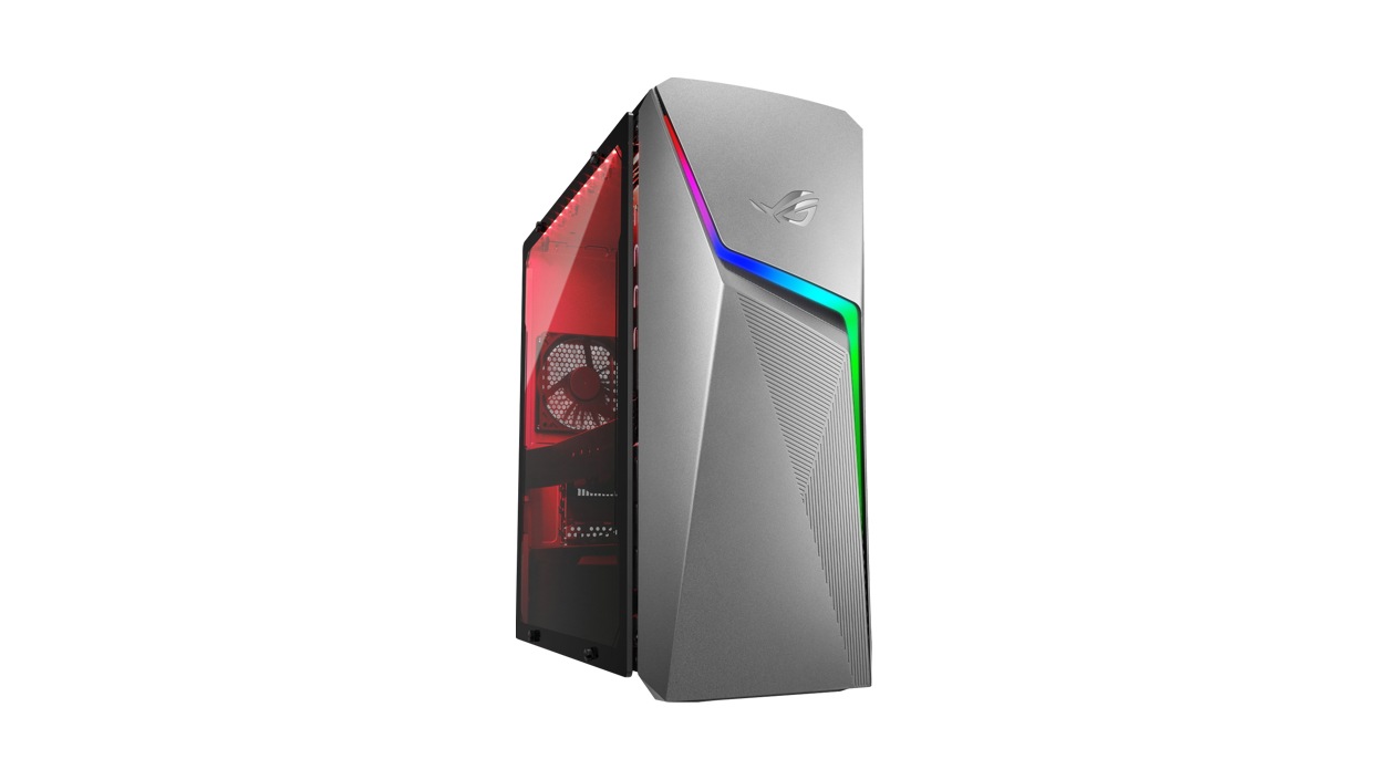 Angled view of an Asus ROG Strix G 10 C E Gaming Desktop.