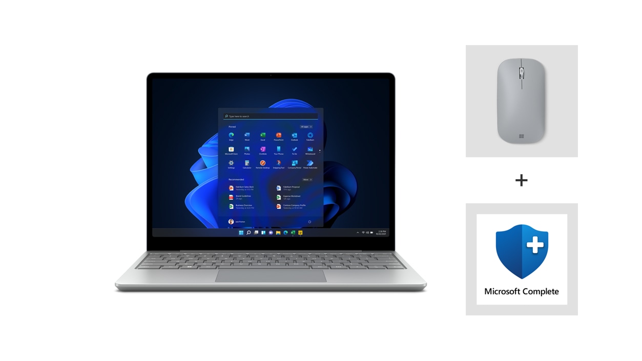 Surface Laptop Go 2 for Business, Surface Mobile Mouse for Business, and the icon for Microsoft Complete Protection Plan for Business.