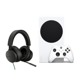 An Xbox Series S and Stereo Headphones.