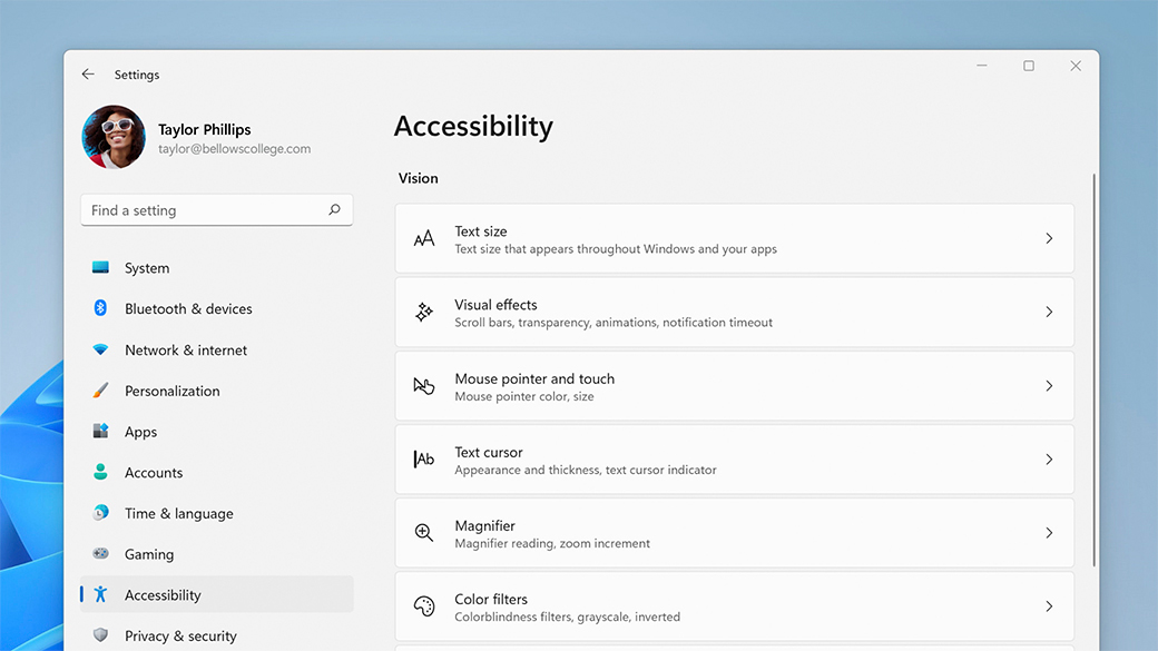 Schermata Accessibilità di Windows 11