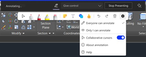 To control who can annotate, the main Presenter can select Only I can annotate and unselect Everyone can annotate from the Settings menu in the Collaborative Annotation toolbar.