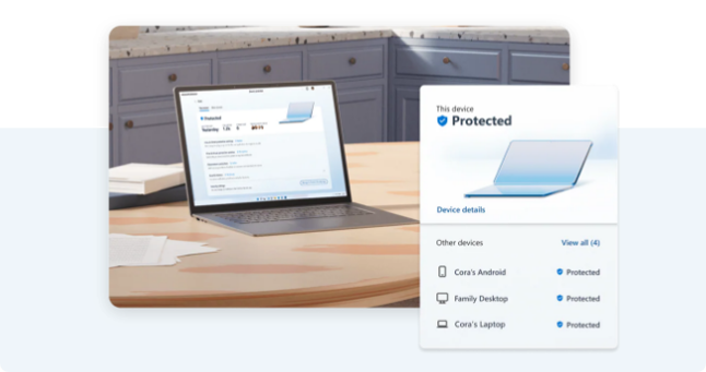 A laptop showing a confirmation of device protection in Microsoft Defender.