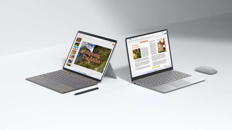 Se muestran una tableta Surface y un portátil Surface junto a varios accesorios para Surface.