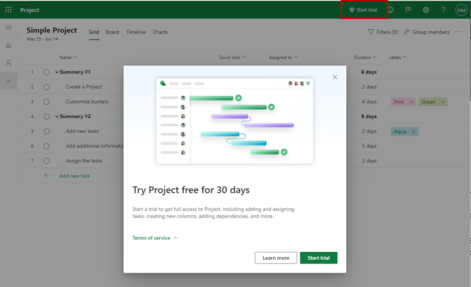 Microsoft 365 users will see an option to sign up for a Project trial either from the menu of Home in Project or Planner using their AAD credentials.