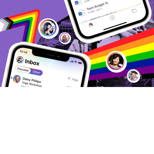 Mobilní telefon zobrazující schránku příchozí pošty s barvami Pride na pozadí