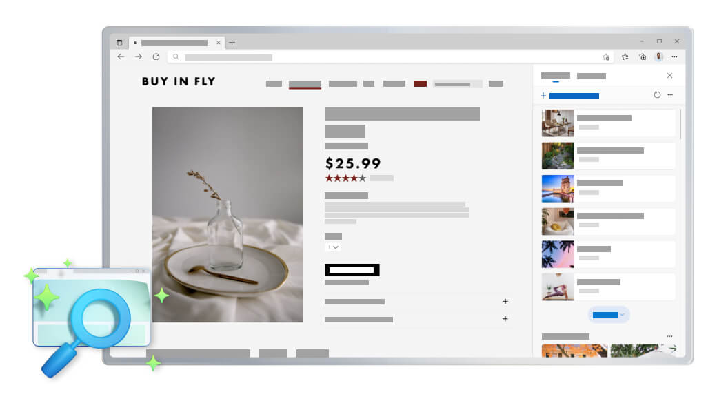 Fenêtre de navigateur Microsoft Edge affichant une page web d’achat et l’outil Collections