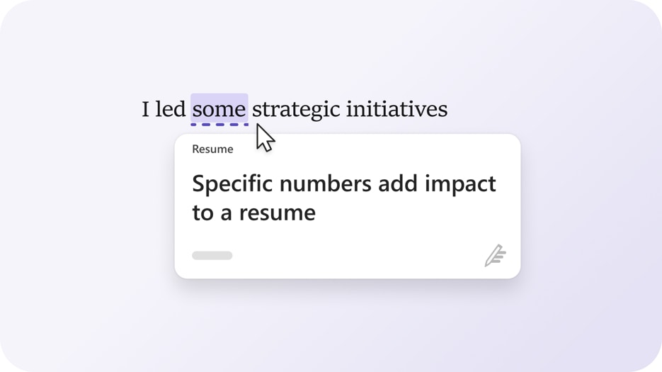 A recommendation to add specific numbers to a resume being made by Microsoft Editor.