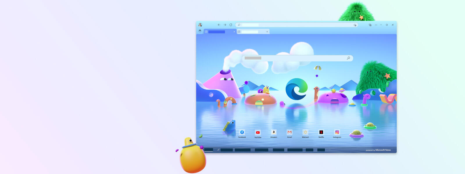 „Microsoft Edge“ naršyklės ekranas su įvairiais animaciniais personažais, skirtais vaikų režimui