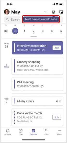 To, join a meeting by ID on mobile for both iOS and Android, you can enter a Meeting ID and Passcode using the meet icon in the top right corner of the Calendar in the Teams app.