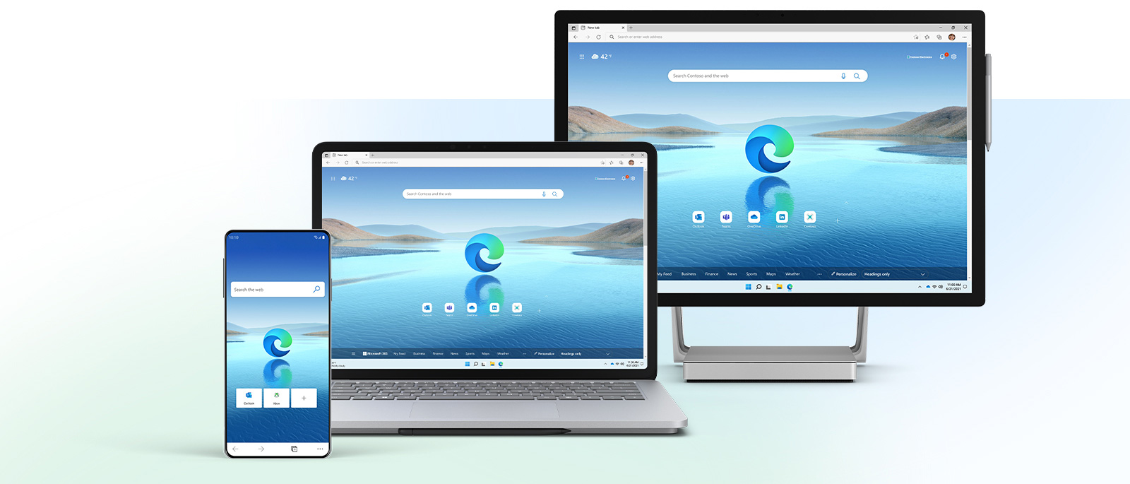 A phone, laptop and personal computer displaying Microsoft Edge on their screens.