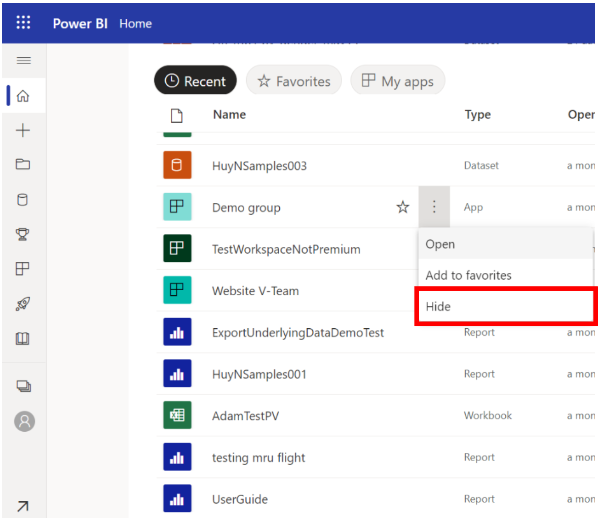 If you have hidden any of your Power BI content prior to retirement, that content will stay hidden, and you will have access to your hidden content within your settings pane.