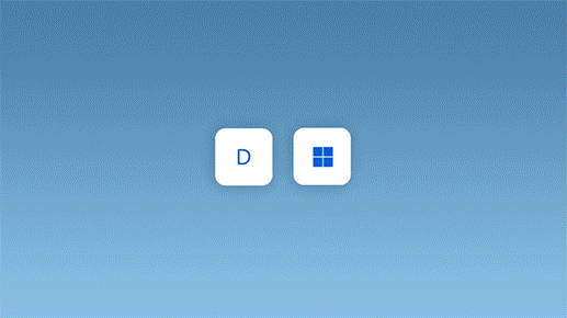 رسم متحرك يعرض الضغط على مفتاح شعار Windows ومفتاح D لتصغير كل النوافذ المفتوحة