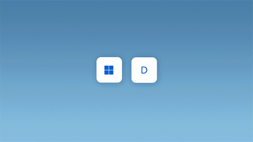 Animacija koja pokazuje minimiziranje svih otvorenih prozora pritiskom na tipku s logotipom sustava Windows i tipku D