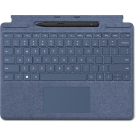 A top-down view of Sapphire Surface Pro Signature Keyboard with Slim Pen 2 in slot.